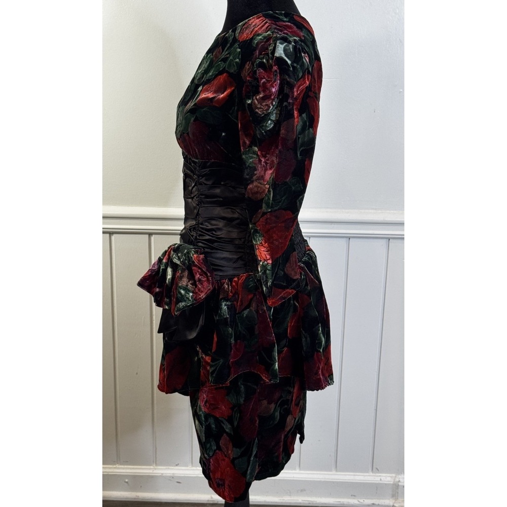 Vintage 1980s Party Dress M Black Red Velvet Floral Glam USA Puff Sleeve Bow - Picture 3 of 16